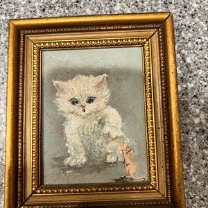 Vintage Gold Framed Kitten and Mouse Painting